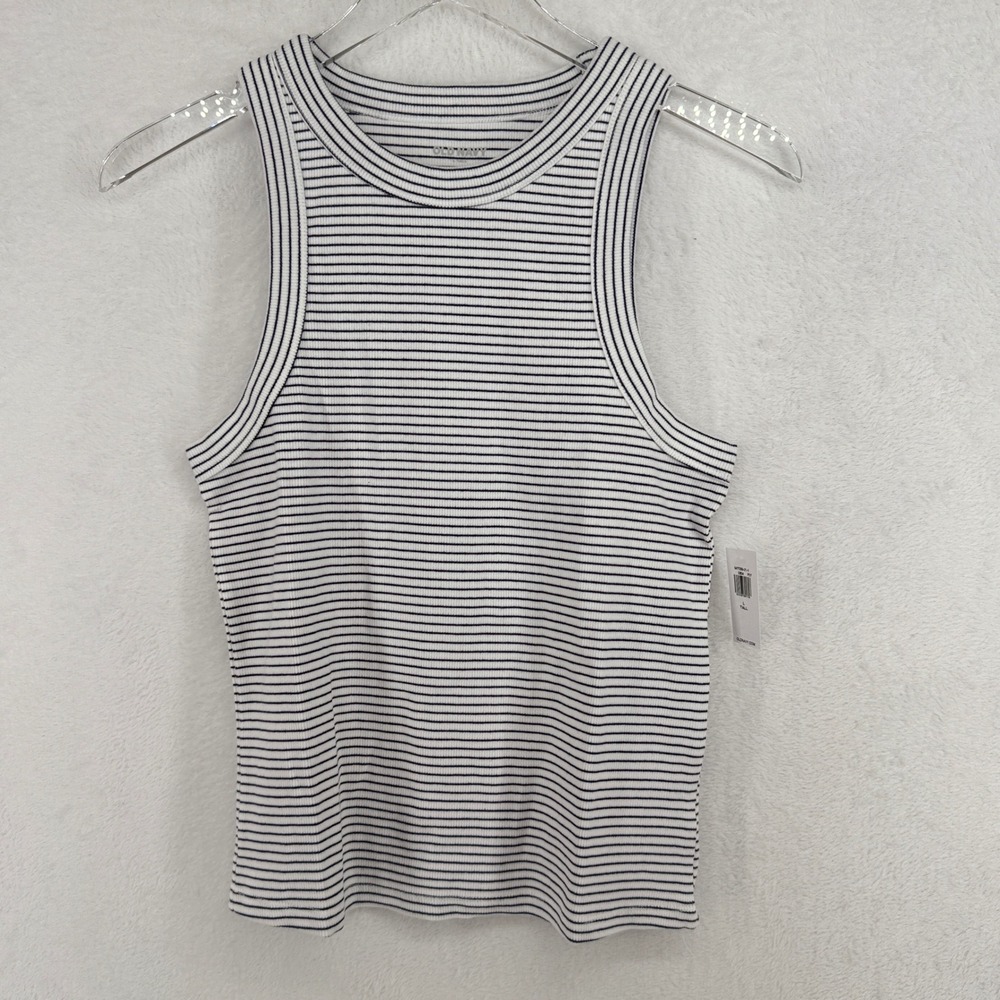 Old Navy Ribbed Striped Tank Top Womens‎ L Tall White Navy High Neck Cropped NWT